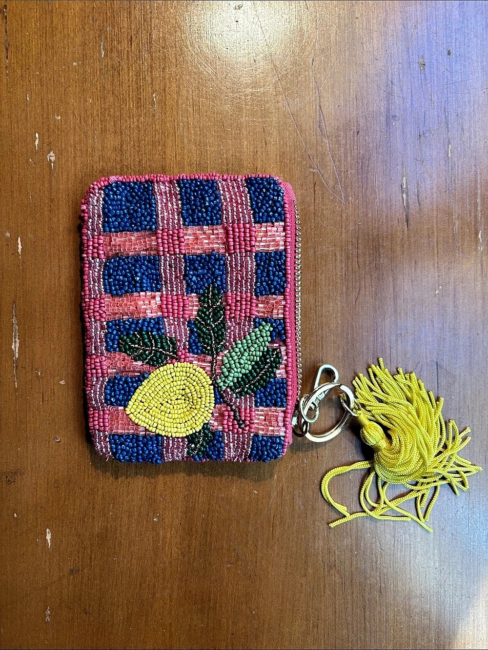 Anthropologie Beaded Plaid Cosmetic Pouch in Pink & Blue Like New
